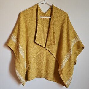 Hand Woven Oversized Poncho Wrap Mustard Yellow White Stripe Artsy Artisan Made